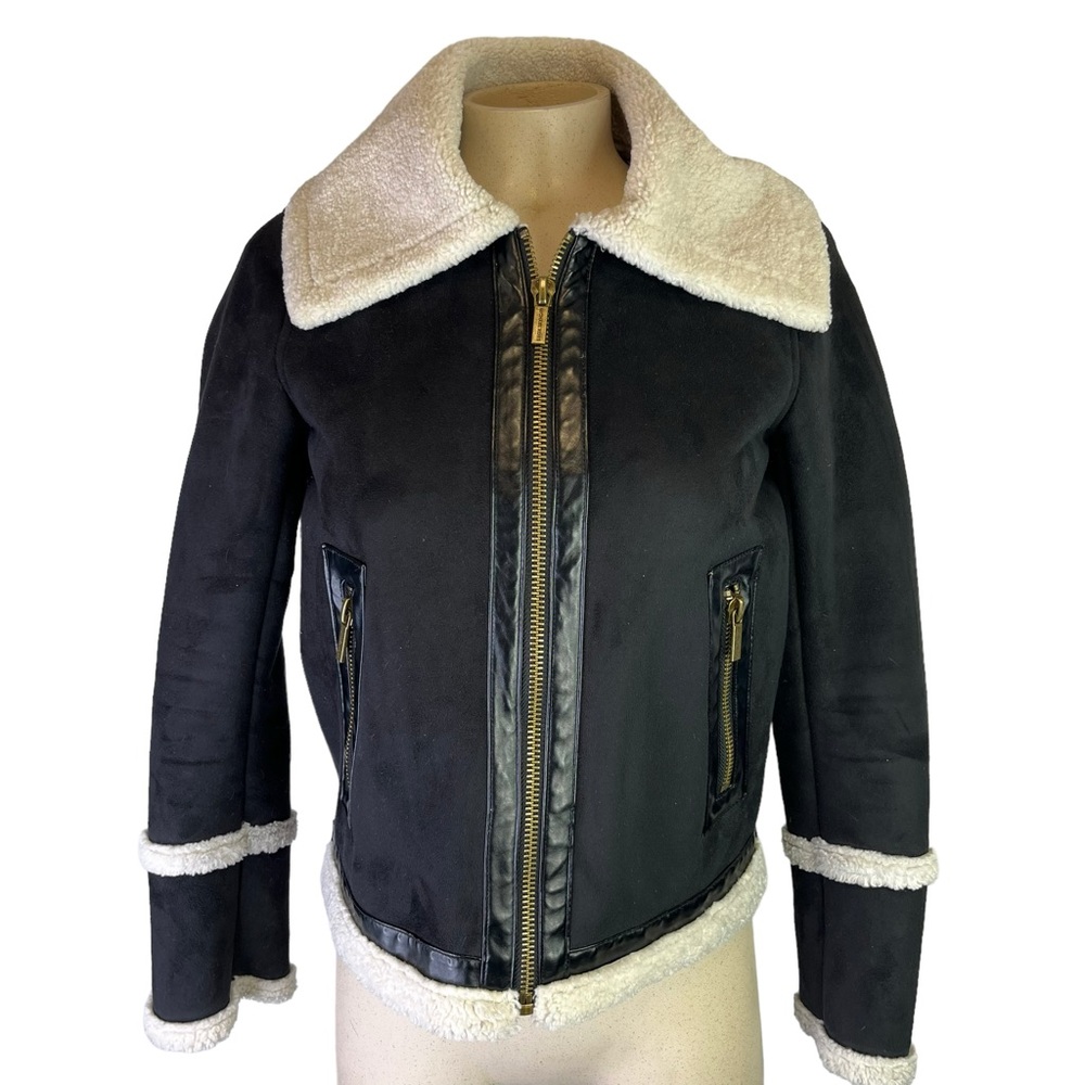 NWOT Michael Michael Kors Black/Bone Aviator Jacket Faux Suede Sherpa Size XS - Picture 3 of 11